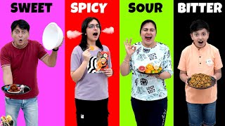 SWEET SPICY SOUR BITTER  Funny eating challenge with family  Aayu and Pihu Show [upl. by Adnih]