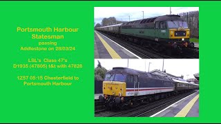 Portsmouth Harbour Statesman at Addleston on 280324 with LSLs Class 47s D1935 47805  47828 [upl. by Silvan]