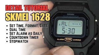 How to set time and date on Skmei 1628  GShock homage tutorial alarms timer dual time etc [upl. by Arraik]