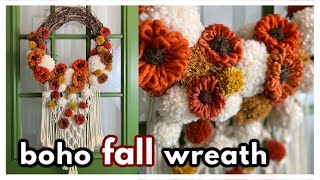 Boho Fall Wreath  DIY Macrame Wreath with Yarn Flowers amp Pom Poms [upl. by Adnoek742]