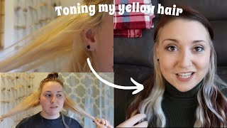 TONING MY YELLOW HAIR AT HOME  BlondMe toner T ice review before and after easy [upl. by Nednyl]