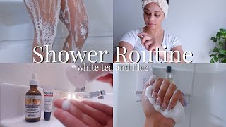 Shower Routine  Affordable  Shaving body care  more  white tea and lilac scents  Relaxing [upl. by Aillil]