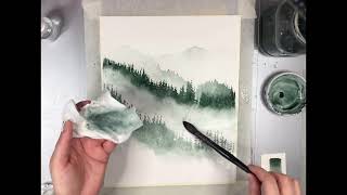 Aquarell Bild EINFACH malen lernen Nebelbergen Wald mystische Landschaft monochrom Tutorial Anfänger [upl. by Jeannette]