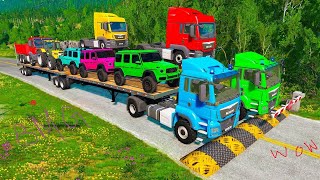 Double Flatbed Trailer Truck vs Speedbumps Train vs Cars Tractor vs Train BeamngDrive65 [upl. by Case]