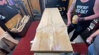 Time Lapse of adding Odies Oil finish to 7 foot Ash live edge slab of wood [upl. by Sihtam874]