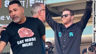 OSCAR DE LA HOYA TROLLS CANELO AT MUNGUIA WEIGH IN SHOWS OFF quotEAT MORE MEATquot TSHIRT [upl. by Fondea]