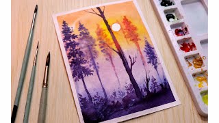 Simple Watercolor painting tutorial of a misty forest scenery step by step [upl. by Conyers]