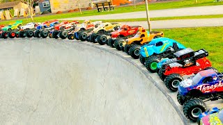 MONSTER JAM  BIG amp LITTLE MONSTER TRUCKS  HOT WHEELS SLIDE PLAY [upl. by Airdnaed726]