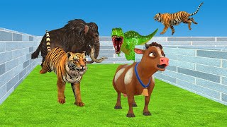 Mammoth Vs Tiger Chase Cute Cow Wooly Mammoth save Cow From Tiger Animals Fight Cartoon [upl. by Tuneberg33]