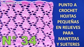 Punto N° 34 tejido a crochet Punto a HOJITAS PEQUEÑAS EN RELIEVES paso a paso para Mantitas [upl. by Ainimreh465]