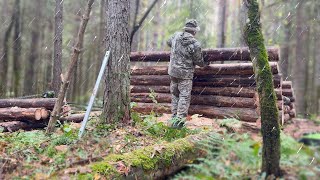 Building a Warm AFrame Cabin In High Winds Installation Of A Log Foundation Shelter Alone [upl. by Batista239]