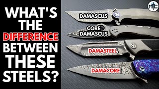 Whats the Difference Between Damascus Damascus with a Core Damasteel and Damacore Blade Steels [upl. by Frankel]