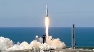 Blastoff SpaceX Falcon Heavy launches GOESU weather satellite nails landings [upl. by Allehs]