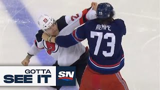 GOTTA SEE IT Rangers And Devils Engage In A Line Brawl Moments After Puck Drop [upl. by Anana]