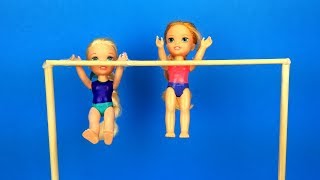 Elsa and Anna toddlers learn gymnastics  new tricks  Barbie is the coach  exercises [upl. by Ramos119]