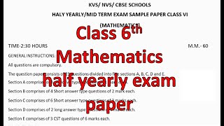 CLASS 6TH MATH HALF YEARLY EXAM QUES PAPER  TERM 1 SESSION 202425 PM SHRI KENDRIYA VIDYALAYA [upl. by Ahseki]