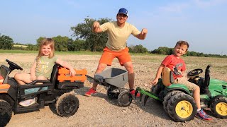 Using kids tractor to plow dirt and plant grass  Tractors for kids [upl. by Buckler835]