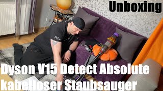 Dyson V15 Detect Absolute kabelloser Staubsauger GelbNickel mit Laser Power amp Saugkraft Unboxing [upl. by Arnulfo]