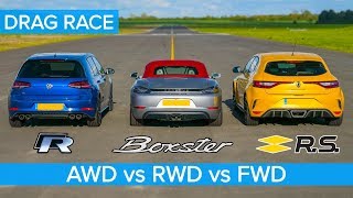 AWD v RWD v FWD DRAG RACE Golf R v Boxster vs Megane Trophy [upl. by Taddeo]