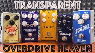 Timmy vs Greer Lightspeed vs Wampler Pantheon vs EHX Soul Food vs Teisco Transparent Overdrive Test [upl. by Analihp338]