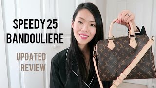 LOUIS VUITTON SPEEDY 25 BANDOULIERE UPDATED REVIEW  FashionablyAMY [upl. by Ragland]