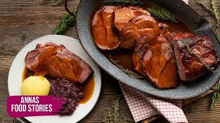 Schweinebraten vom Kassler Kamm mit deftiger Bratensoße  leckeres Braten Rezept mit Schweinenacken [upl. by Lhary]