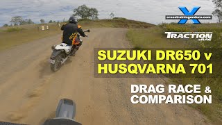 DR650 v Husqvarna 701 drag race amp comparison review︱Cross Training Adventure [upl. by Goldfinch347]