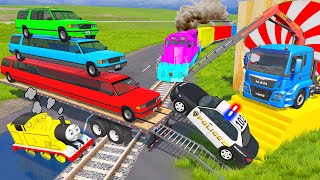 Truck Rescue Long Cars and Police Cars  Long Cars vs Flatbed Trailer Truck Rescue Bus  BeamNG [upl. by Hahsi]