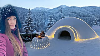 Solo overnight in Snow shelter  IGLOO Winter bushcraft camping  Survival camp [upl. by Hsakiv]