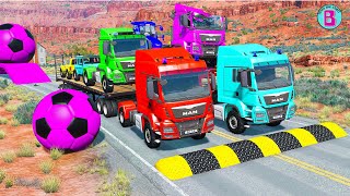 Double Flatbed Trailer Truck vs Speedbumps Train vs Cars  Tractor vs Train BeamngDrive 026 [upl. by Ocer]