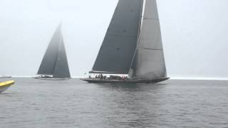 J Class Regatta  Falmouth 2012  Velsheda Lionheart Ranger and Rainbow racing in the mist [upl. by Akirdnuhs268]