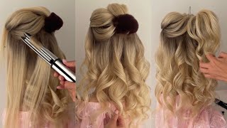 Voluminous Flat iron curls  Half Up half Down tutorial [upl. by Chessa]