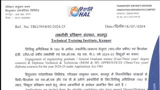 Hal apprenticeship training 2024 job for fresherkanpur HAL Recruitment 2024 आईटीआईडिप्लोमा २०२४ [upl. by Atinehc520]