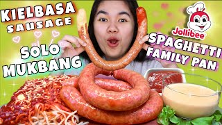 KIELBASA SAUSAGE at SPAGHETTI JOLLIBEE FAMILY PAN MUKBANG Pinoy Mukbang Philippines Mukbang [upl. by Nilad]