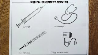 Medical equipment drawing Syringe stethoscope thermometer and sphygmomanometer drawing [upl. by Kobi]