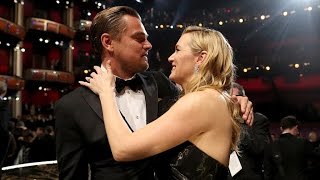 Kate Winslet Adorably Tears Up During Leonardo DiCaprios Oscars Speech [upl. by Ahsikam]