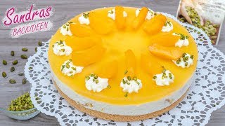 Pfirsich Quark Sahne Torte mit Biskuitboden  einfach und schnell  Rezept für 26 cm Springform [upl. by Sina]