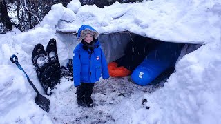 Survival Shelter Winter Camping in Blizzard  Deep Snow Camping in Alaska [upl. by Acire]