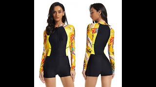 Womens Long Sleeve one Piece Swimsuit Rash Guard Zipper Surfing Swimsuit Bathing Suit [upl. by Eirbua]