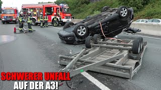 SCHWERER UNFALL AUF DER A3  PKW mit Anhänger auf dem sich ein Auto befand verunglückt [upl. by Shaina]