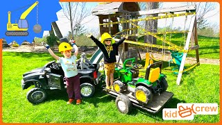 Demolishing broken playset with toy construction trucks Educational how excavators demo  Kid Crew [upl. by Estele203]