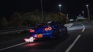 Nissan R34 GTR Skyline Night Drive  Shoots Flames 4K [upl. by Trista]