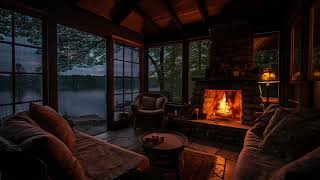 Heavy Rain amp Warm Fireplace in a Cozy Cabin Porch  Rainstorm in the Forest for Sleeping and Relax [upl. by Thorlie]