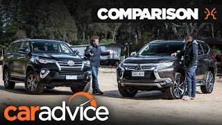 Comparison Toyota Fortuner GXL v Mitsubishi Pajero Sport  CarAdvice Drive [upl. by Noyad]