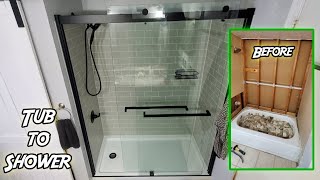 DIY Tub to Shower Remodel  Modern Glass Shower Door Install pt4 [upl. by Ylyl]