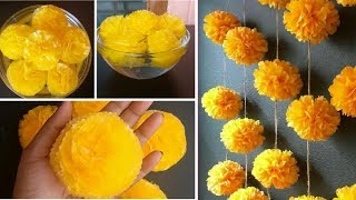 How to make PomPom Style Plastic Marigold Garland Flower Toran Centerpiece Handmade Decor Festiv DIY [upl. by Sitoel777]