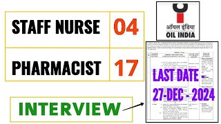 OIL INDIA STAFF NURSE VACANCY 2024  BSC GNM।  OIL INDIA PHARMACIST VACANCY 2024  नर्स भर्ती 2024 [upl. by Armington774]