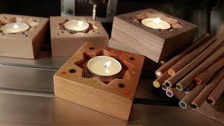 Making Wooden Candle Holders With Colored Pencils  CNC Wood Art [upl. by Harrak]