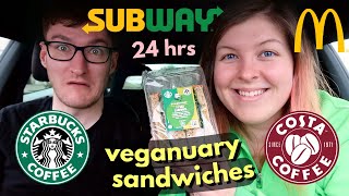 Only eating new vegan fast food SANDWICHES for 24 hours veganuary at Subway Starbucks Costa 2022 [upl. by Aelyk]