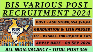 BIS VARIOUS POST RECRUITMENT 2024  COMPLETE NOTIFICATION WITH ELIGIBILITY AND SELECTION PROCESS [upl. by Ardnosal]